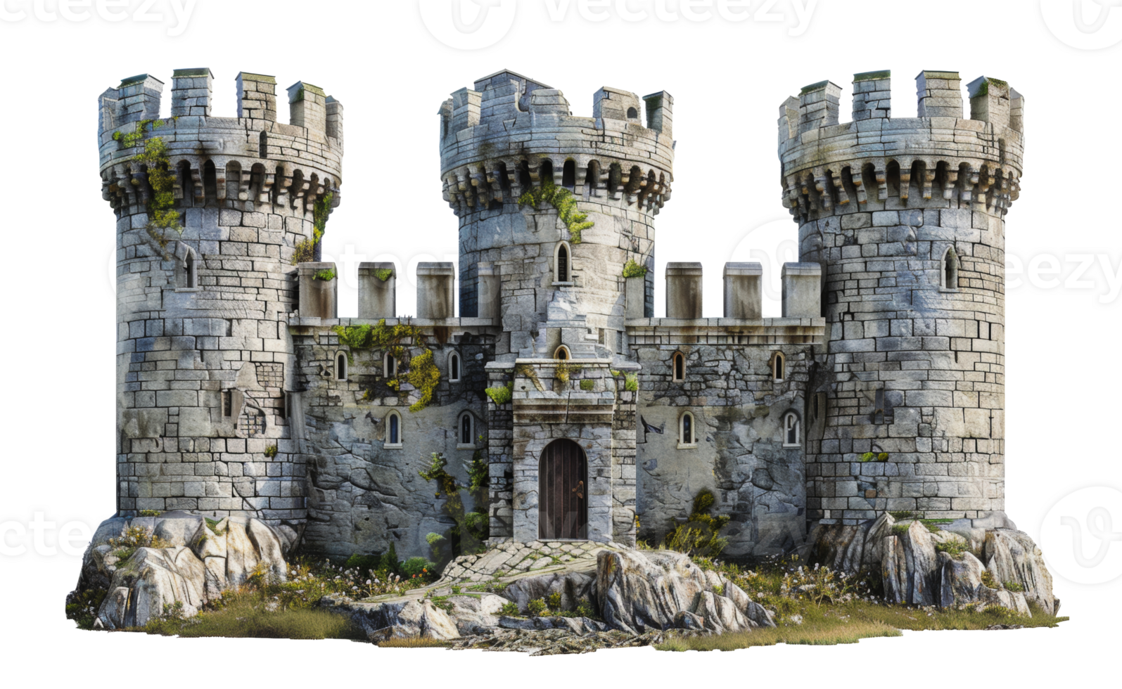 Stone castle model with greenery, cut out - stock . png