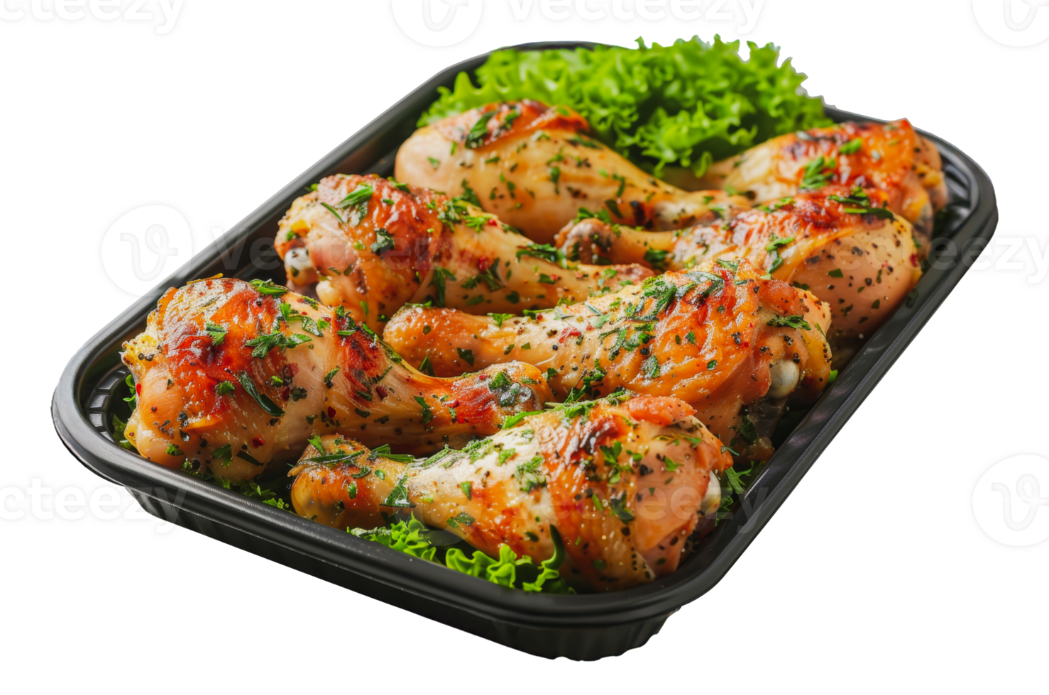 Marinated chicken drumsticks ready for grilling in black tray, cut out - stock . png