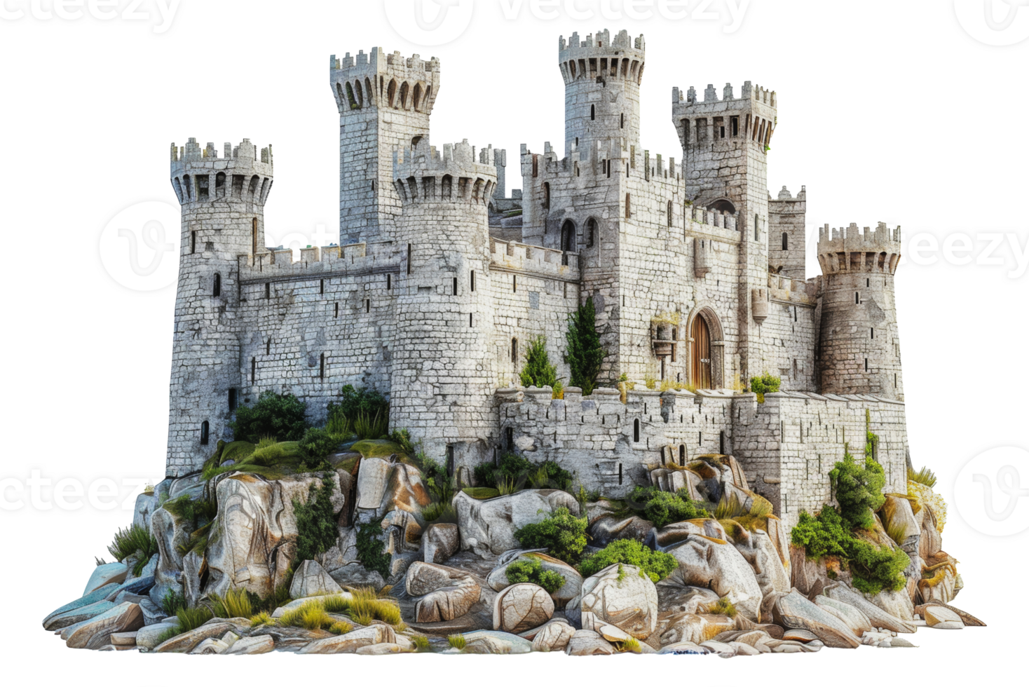Stone castle model with greenery, cut out - stock . png