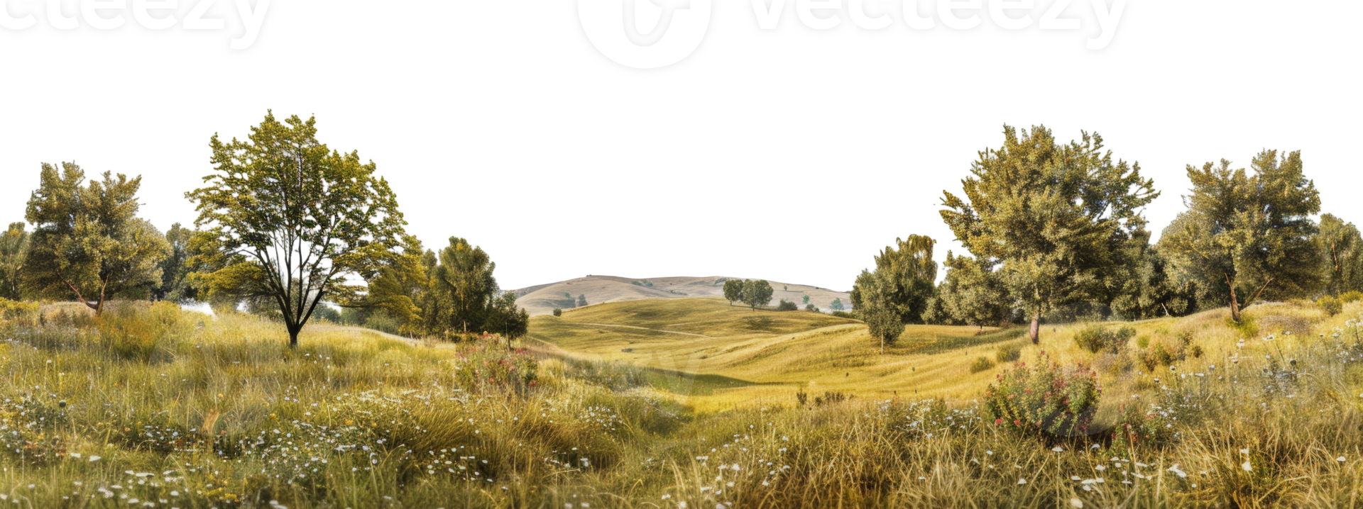 Panoramic view of meadow landscape with trees and hills, cut out - stock . png