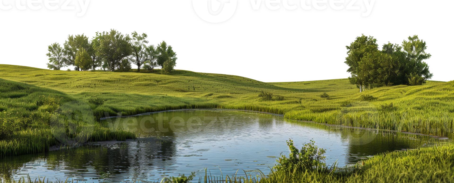 Serene river flowing through a vibrant green landscape, cut out - stock . png