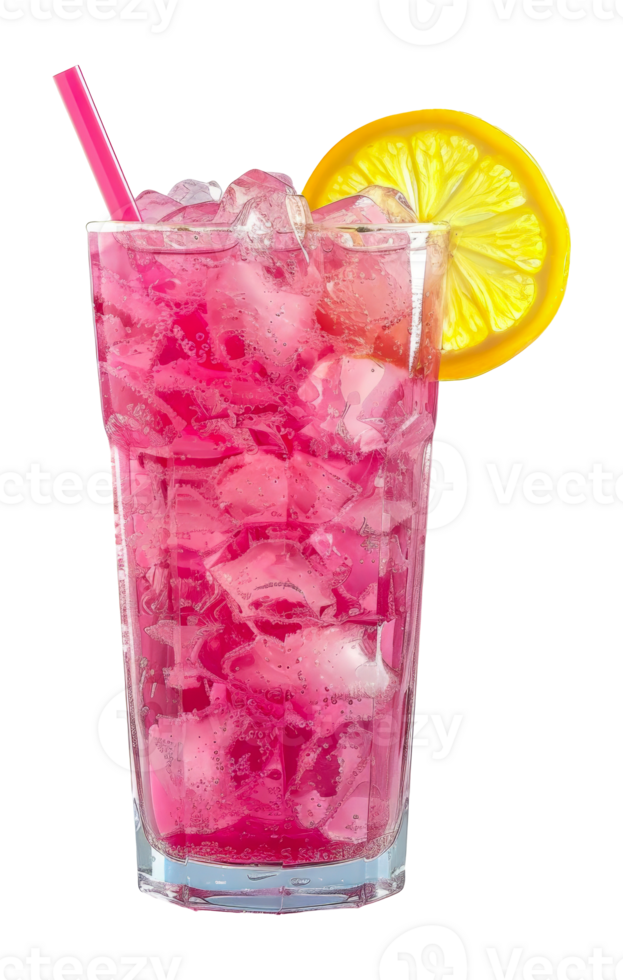 Refreshing pink lemonade with ice and lemon slices, cut out - stock . png