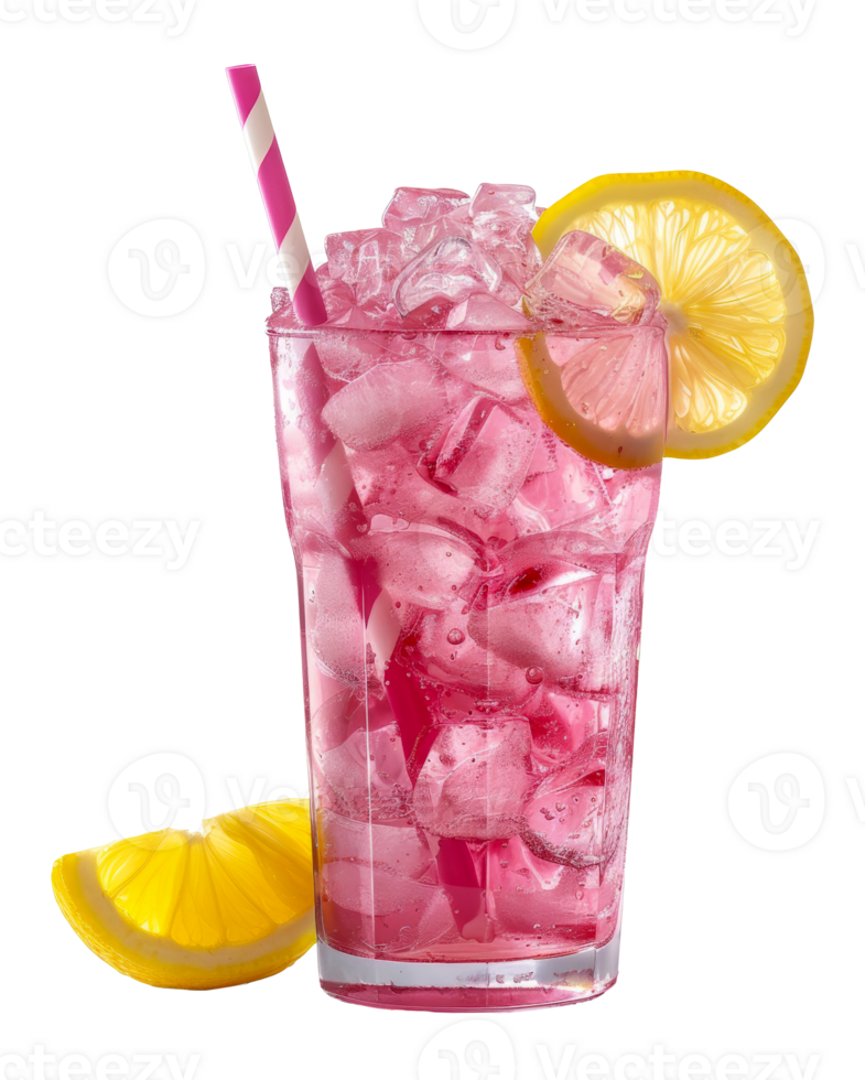 Refreshing pink lemonade with ice and lemon slices, cut out - stock . png