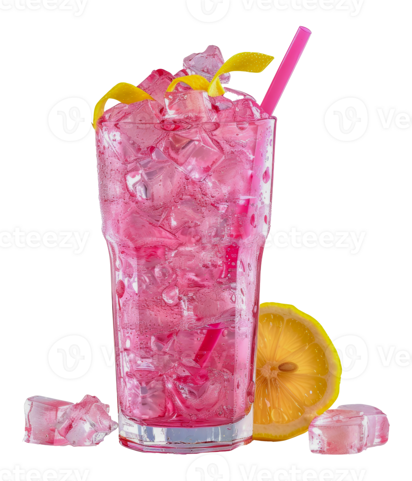 Refreshing pink lemonade with ice and lemon slices, cut out - stock . png