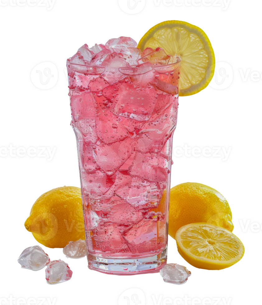 Pink soda with ice cubes and a slice of lemon, cut out - stock . png