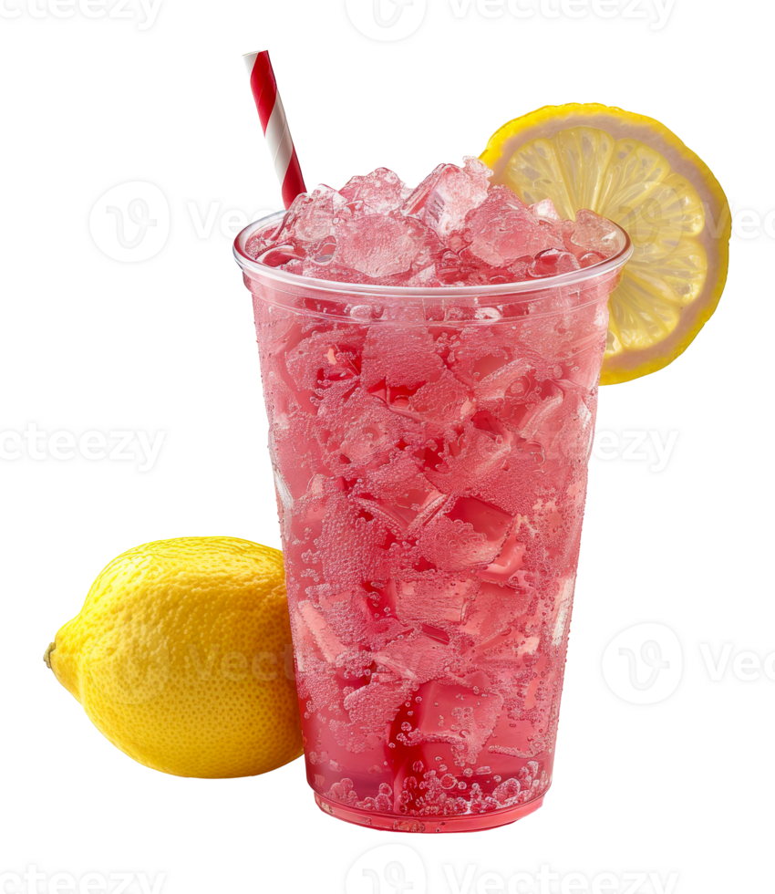Refreshing pink lemonade with ice and lemon slices, cut out - stock . png
