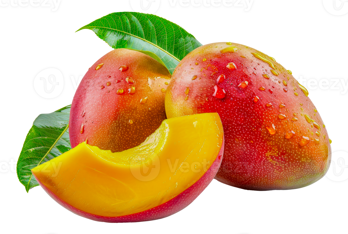 Fresh mango with dew drops and green leaf, cut out - stock . png