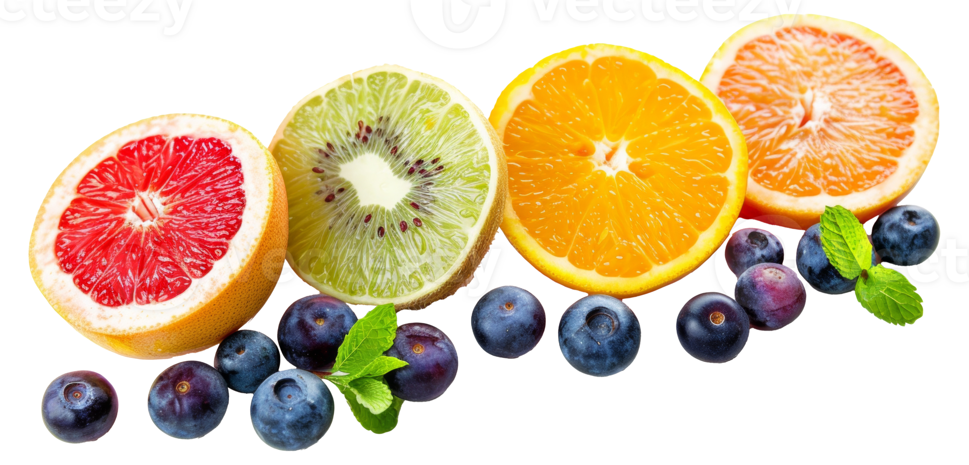 A row of fruit including oranges, kiwis, and blueberries - stock . png