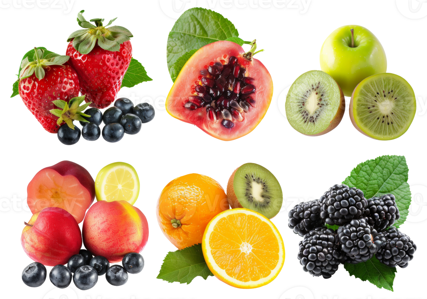 A collection of fruits including apples, oranges, kiwis, and blackberries - stock . png