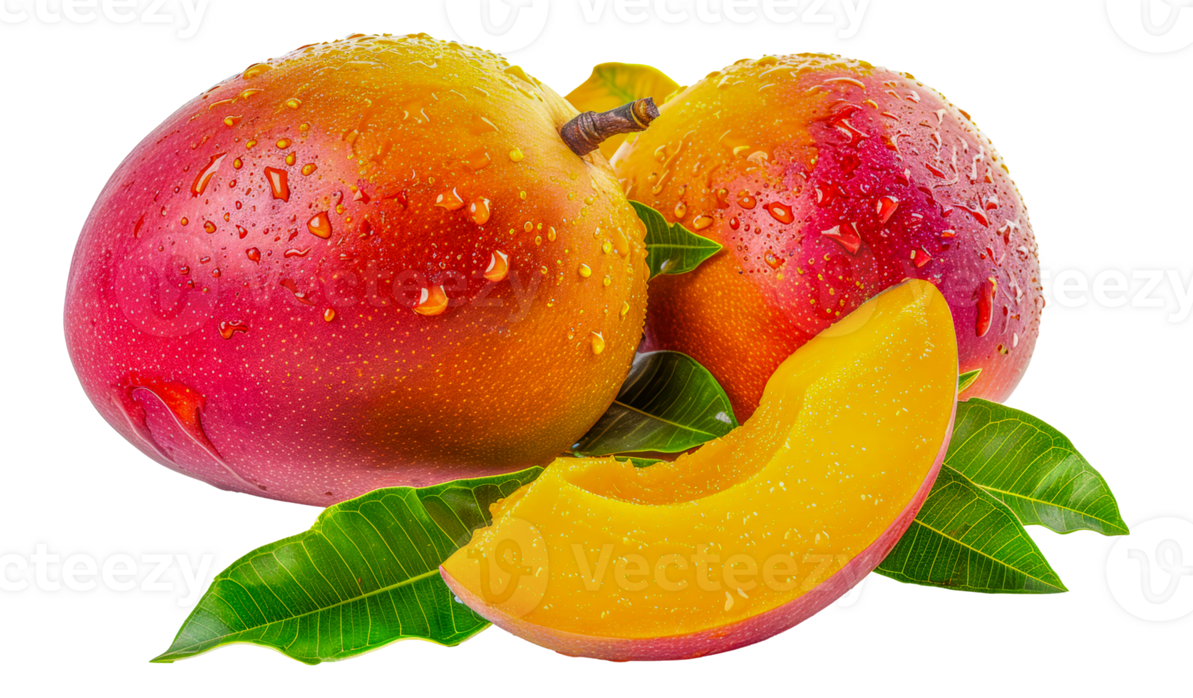 Fresh mango with dew drops and green leaf, cut out - stock . png