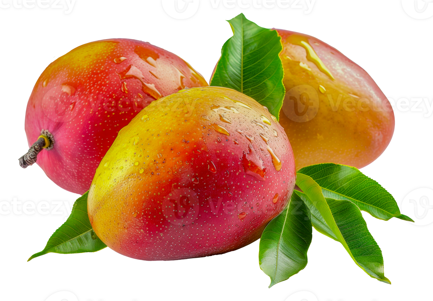 Fresh mango with dew drops and green leaf, cut out - stock . png
