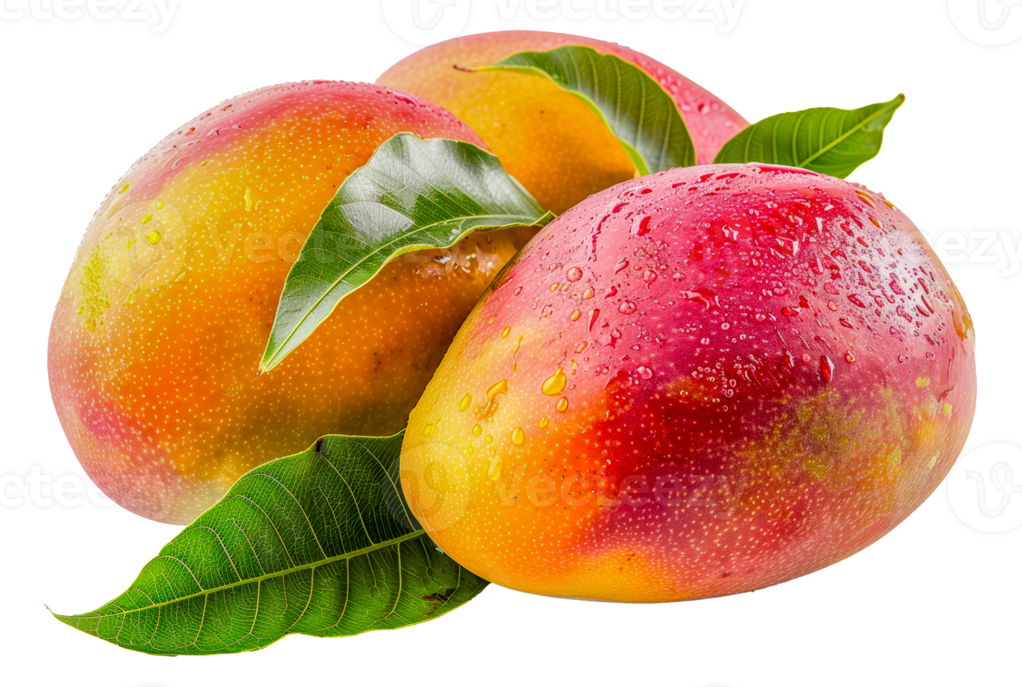 Fresh mango with dew drops and green leaf, cut out - stock . png