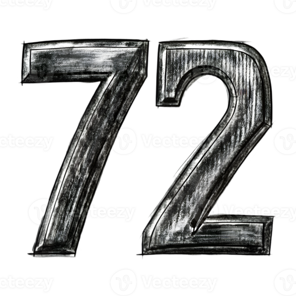 Hand-Drawn Grunge Number 72 - Black Marker Isolated on Transparent Background png