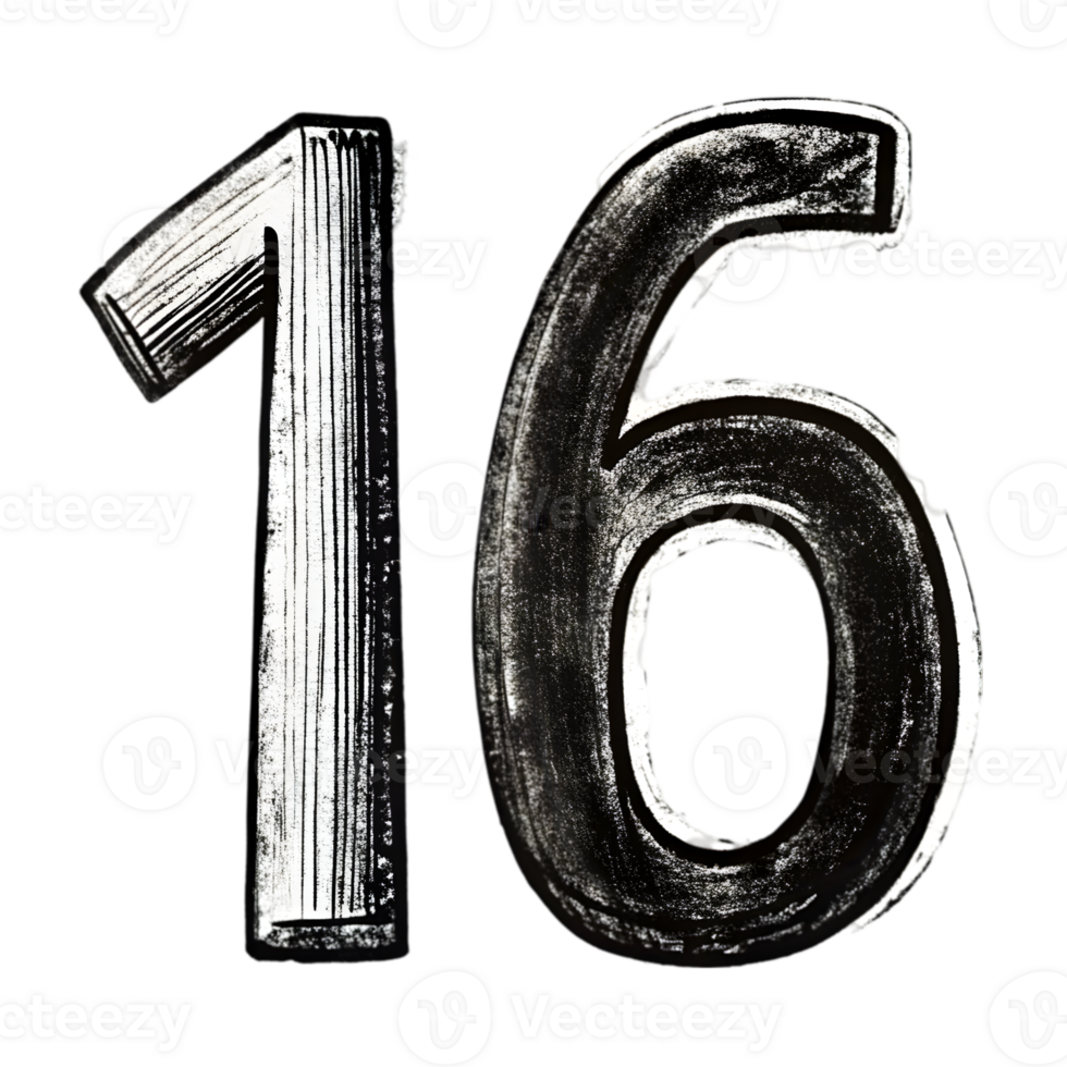 Hand-Drawn Grunge Number 16 - Black Marker Isolated on Transparent Background png