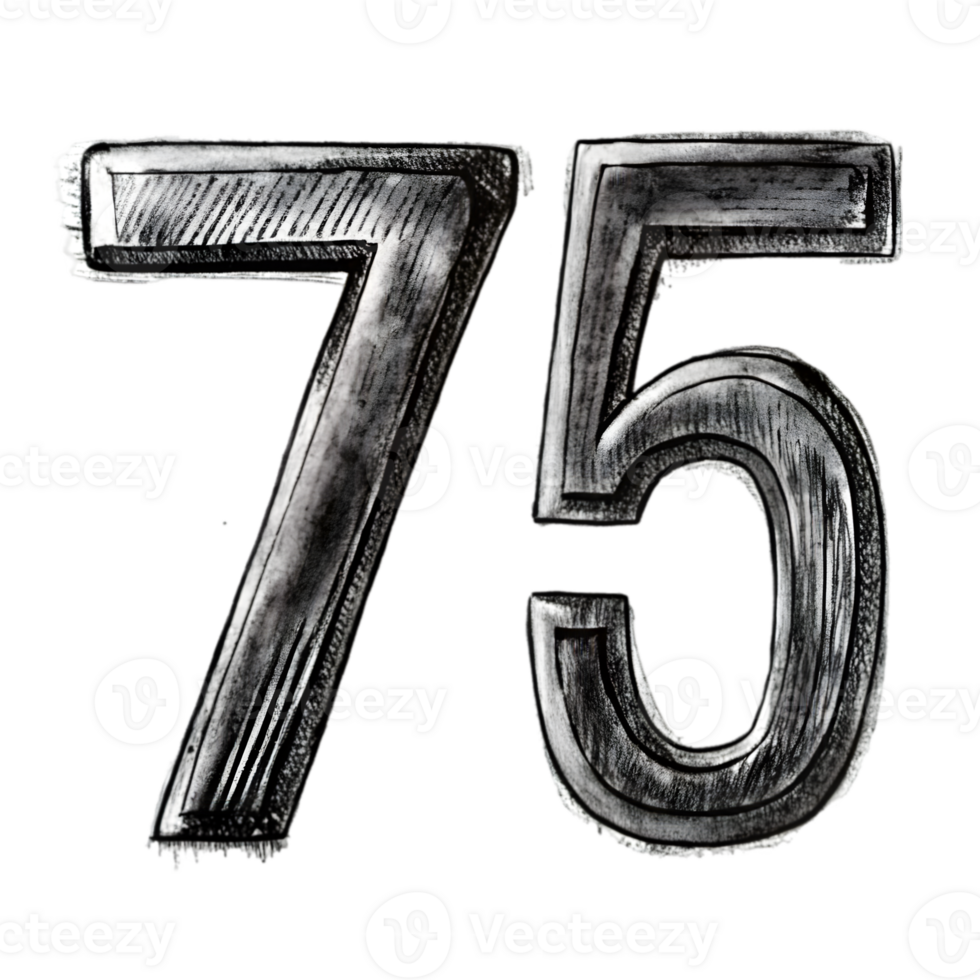 Hand-Drawn Grunge Number 75 - Black Marker Isolated on Transparent Background png