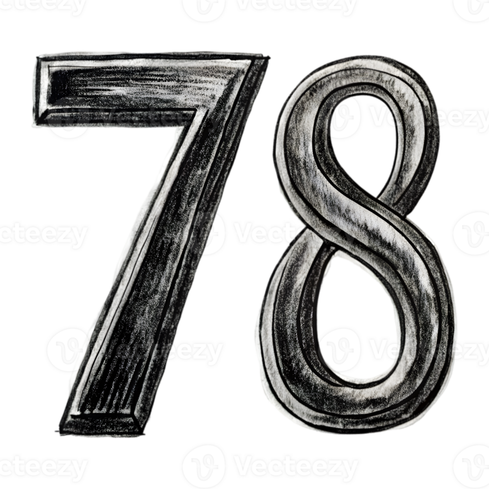 Hand-Drawn Grunge Number 78 - Black Marker Isolated on Transparent Background png