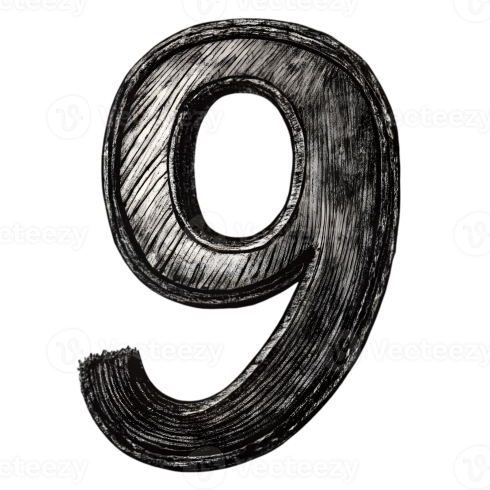 Hand-Drawn Grunge Number 9 - Black Marker Isolated on Transparent Background png
