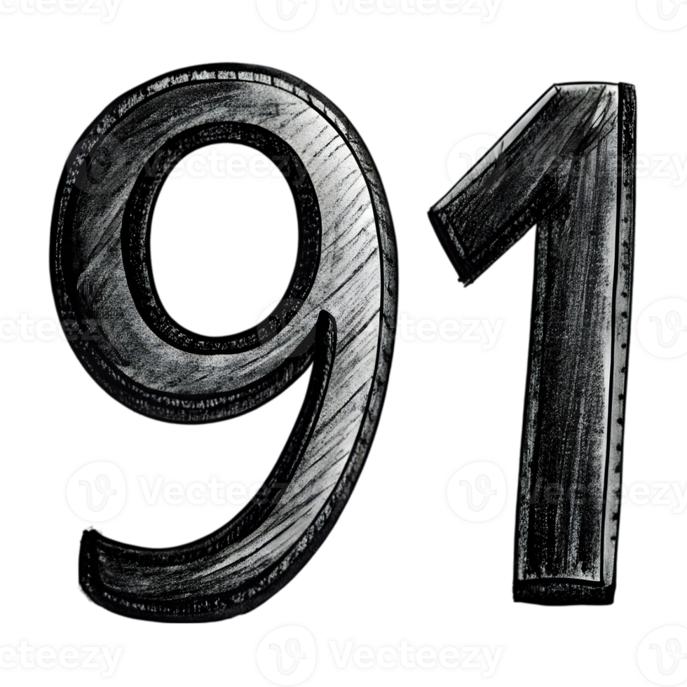 Hand-Drawn Grunge Number 91 - Black Marker Isolated on Transparent Background png
