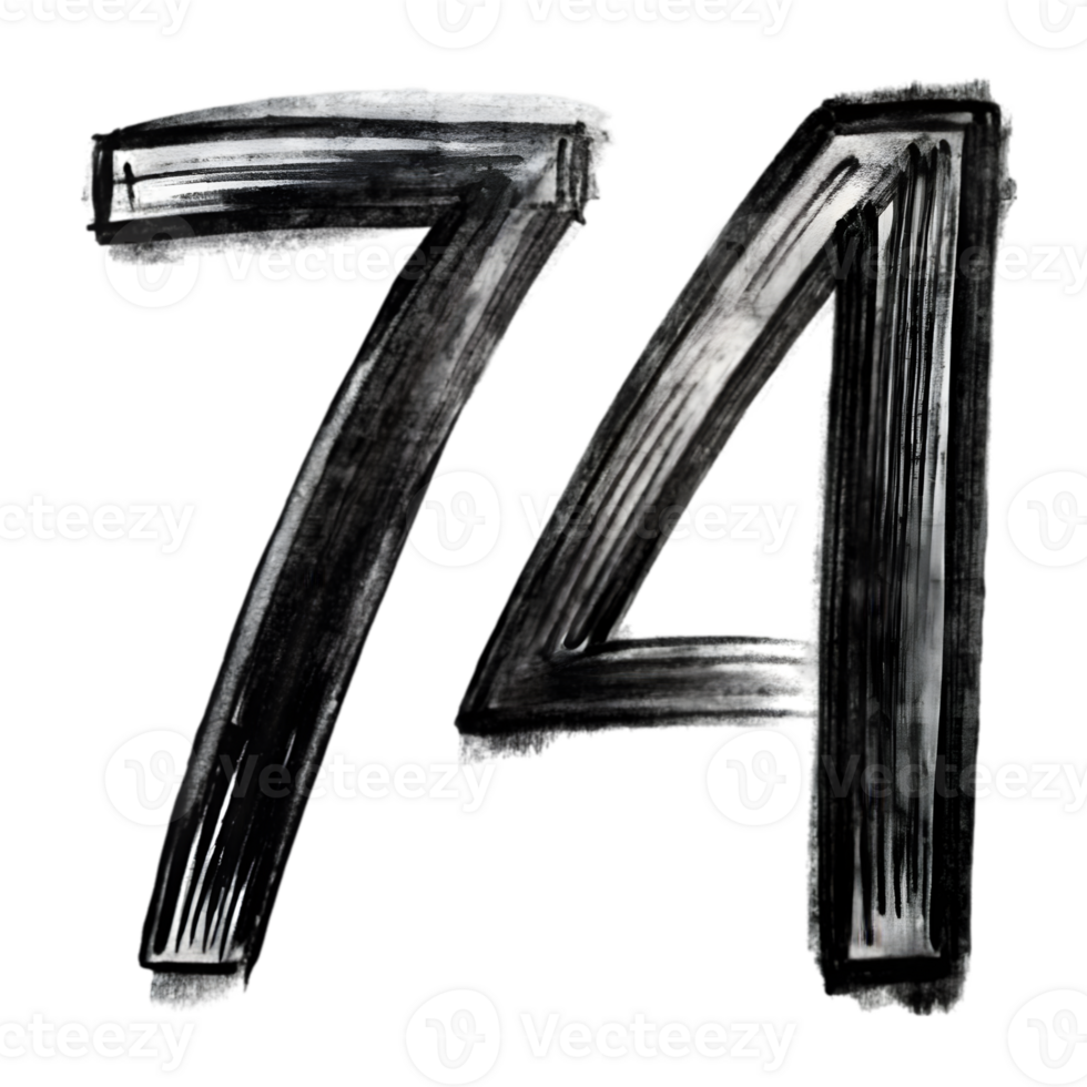 Hand-Drawn Grunge Number 74 - Black Marker Isolated on Transparent Background png
