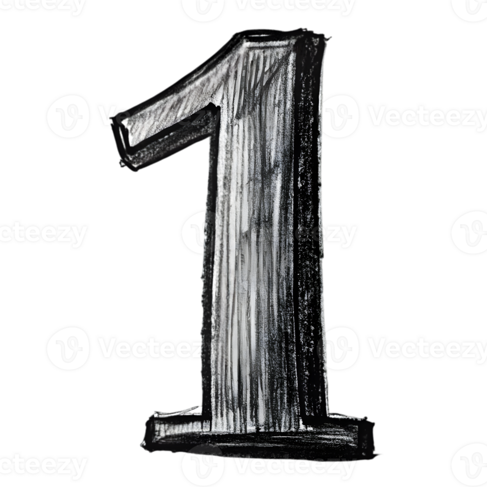 Hand-Drawn Grunge Number 1 - Black Marker Isolated on Transparent Background png
