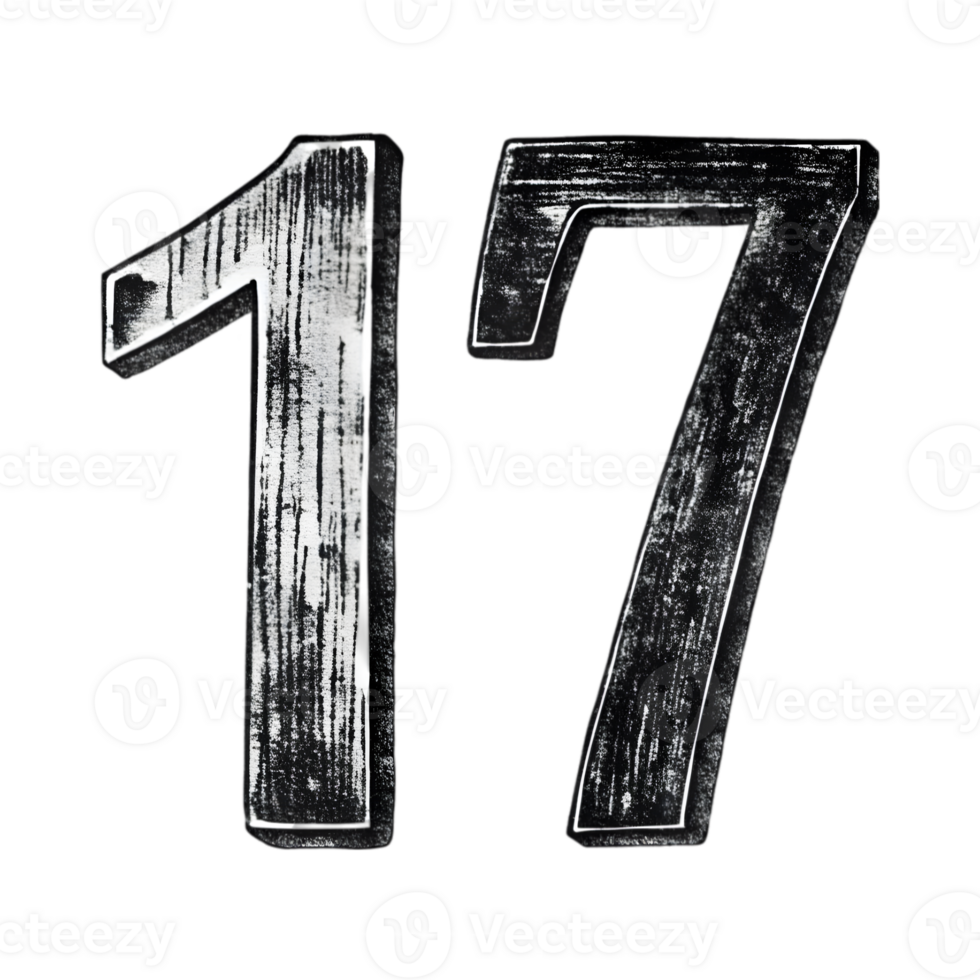 Hand-Drawn Grunge Number 17 - Black Marker Isolated on Transparent Background png