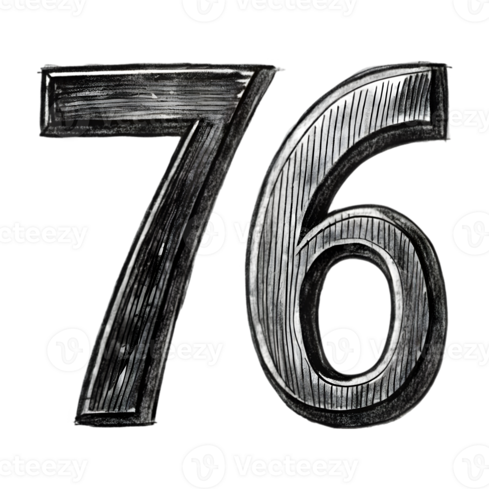 Hand-Drawn Grunge Number 76 - Black Marker Isolated on Transparent Background png