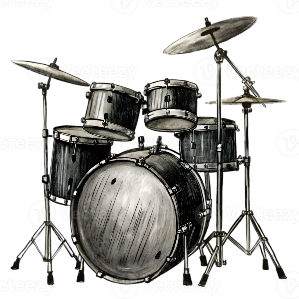 Hand-Drawn Grunge Drum Kit - Black Marker Isolated on Transparent Background png