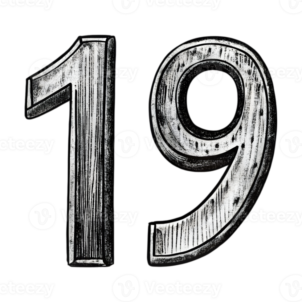Hand-Drawn Grunge Number 19 - Black Marker Isolated on Transparent Background png