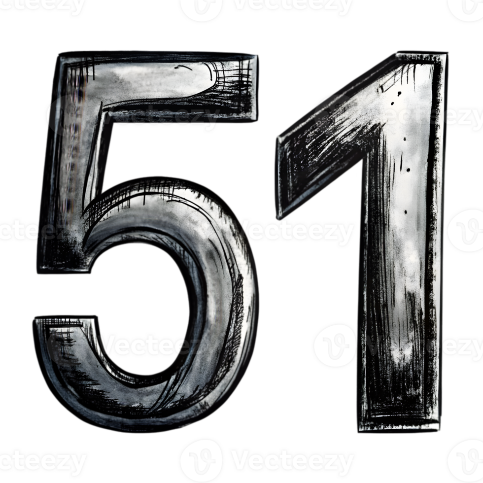 Hand-Drawn Grunge Number 51 - Black Marker Isolated on Transparent Background png