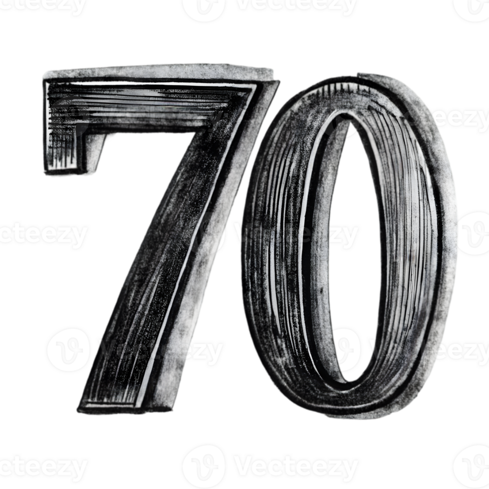 Hand-Drawn Grunge Number 70 - Black Marker Isolated on Transparent Background png