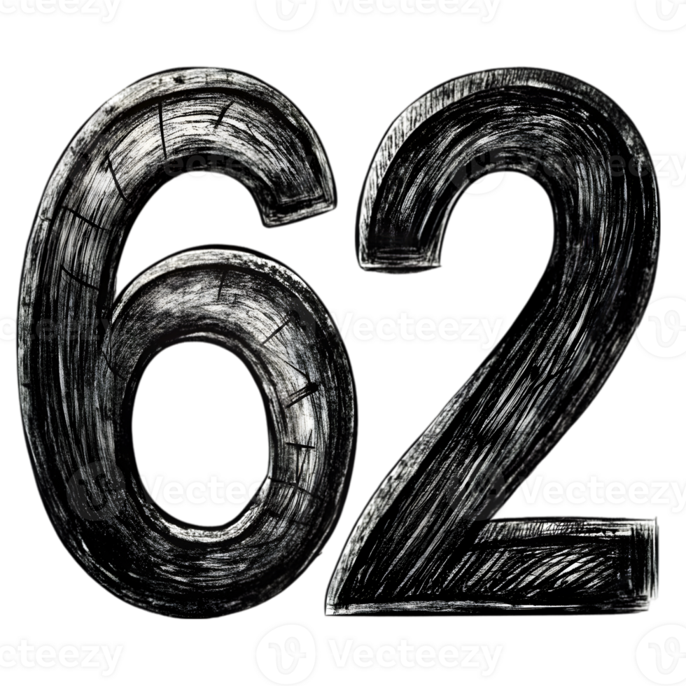 Hand-Drawn Grunge Number 62 - Black Marker Isolated on Transparent Background png