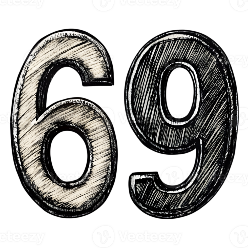 Hand-Drawn Grunge Number 69 - Black Marker Isolated on Transparent Background png