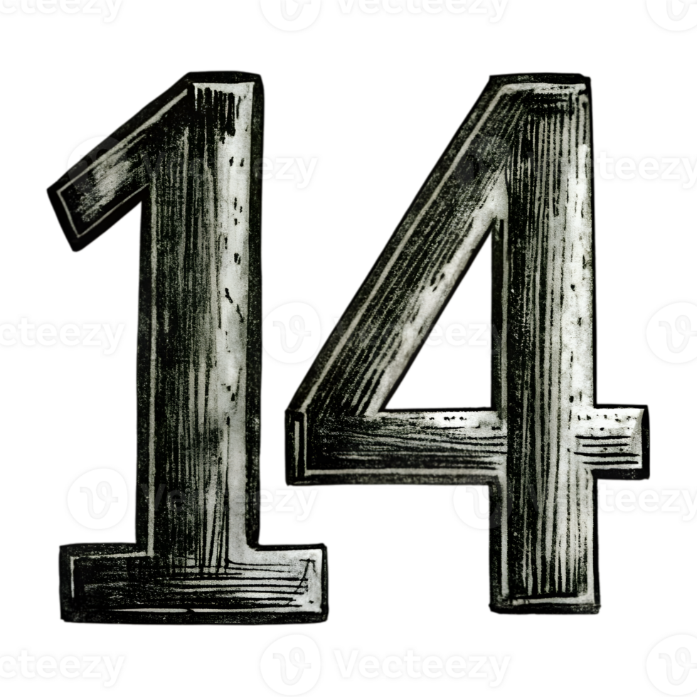 Hand-Drawn Grunge Number 14 - Black Marker Isolated on Transparent Background png