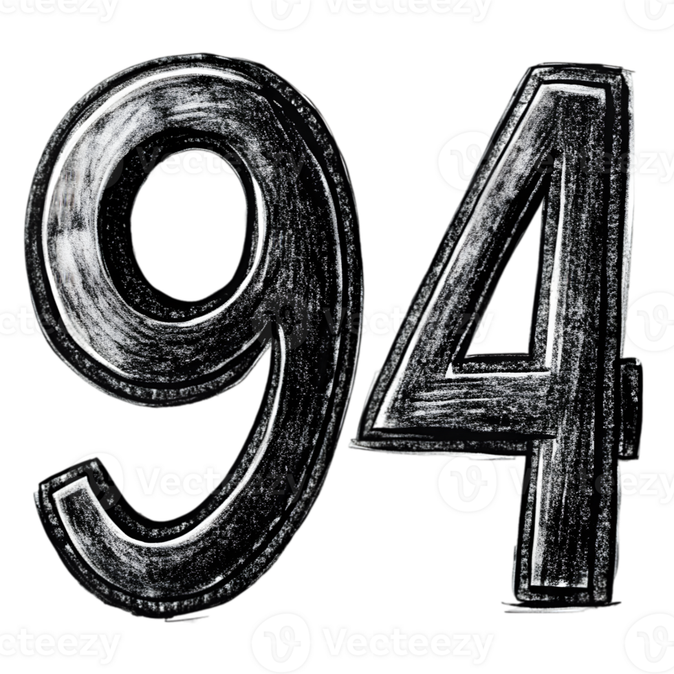 Hand-Drawn Grunge Number 94 - Black Marker Isolated on Transparent Background png