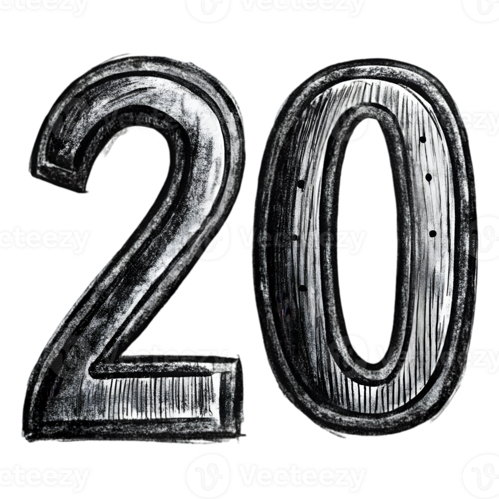 Hand-Drawn Grunge Number 20 - Black Marker Isolated on Transparent Background png