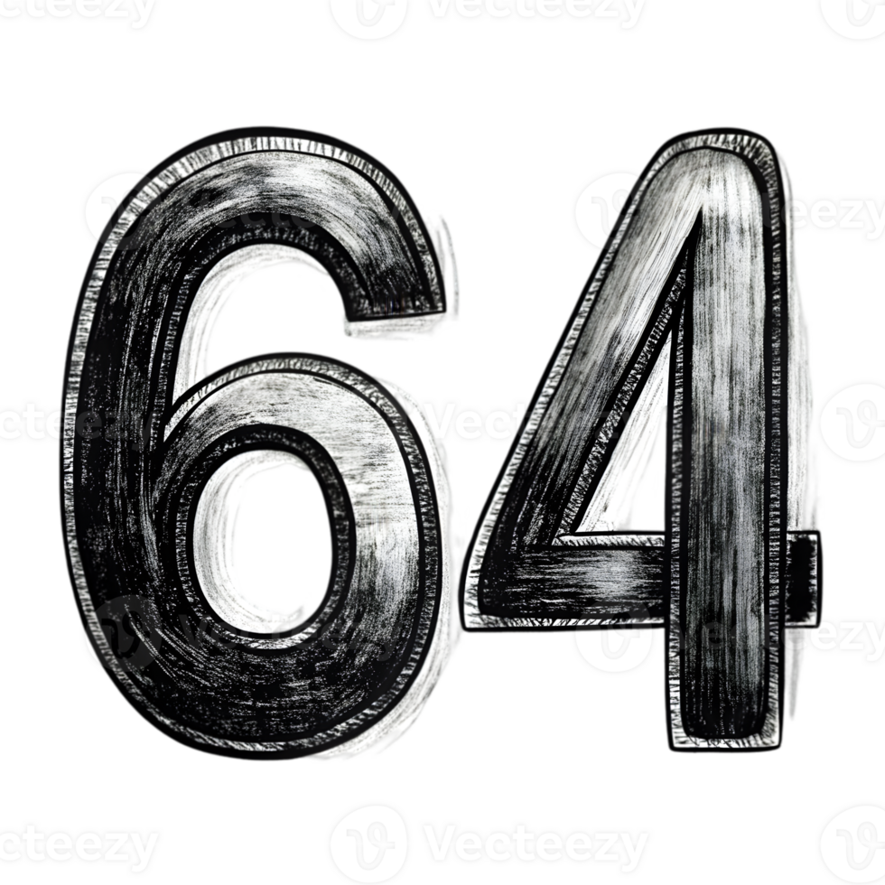 Hand-Drawn Grunge Number 64 - Black Marker Isolated on Transparent Background png