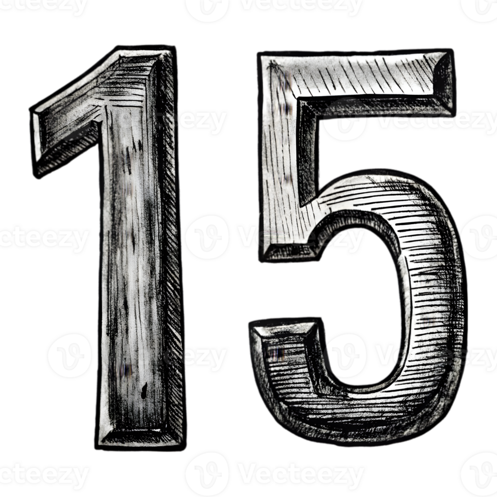 Hand-Drawn Grunge Number 15 - Black Marker Isolated on Transparent Background png