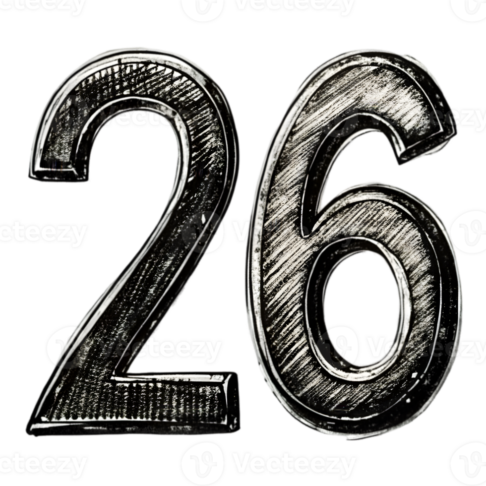 Hand-Drawn Grunge Number 26 - Black Marker Isolated on Transparent Background png