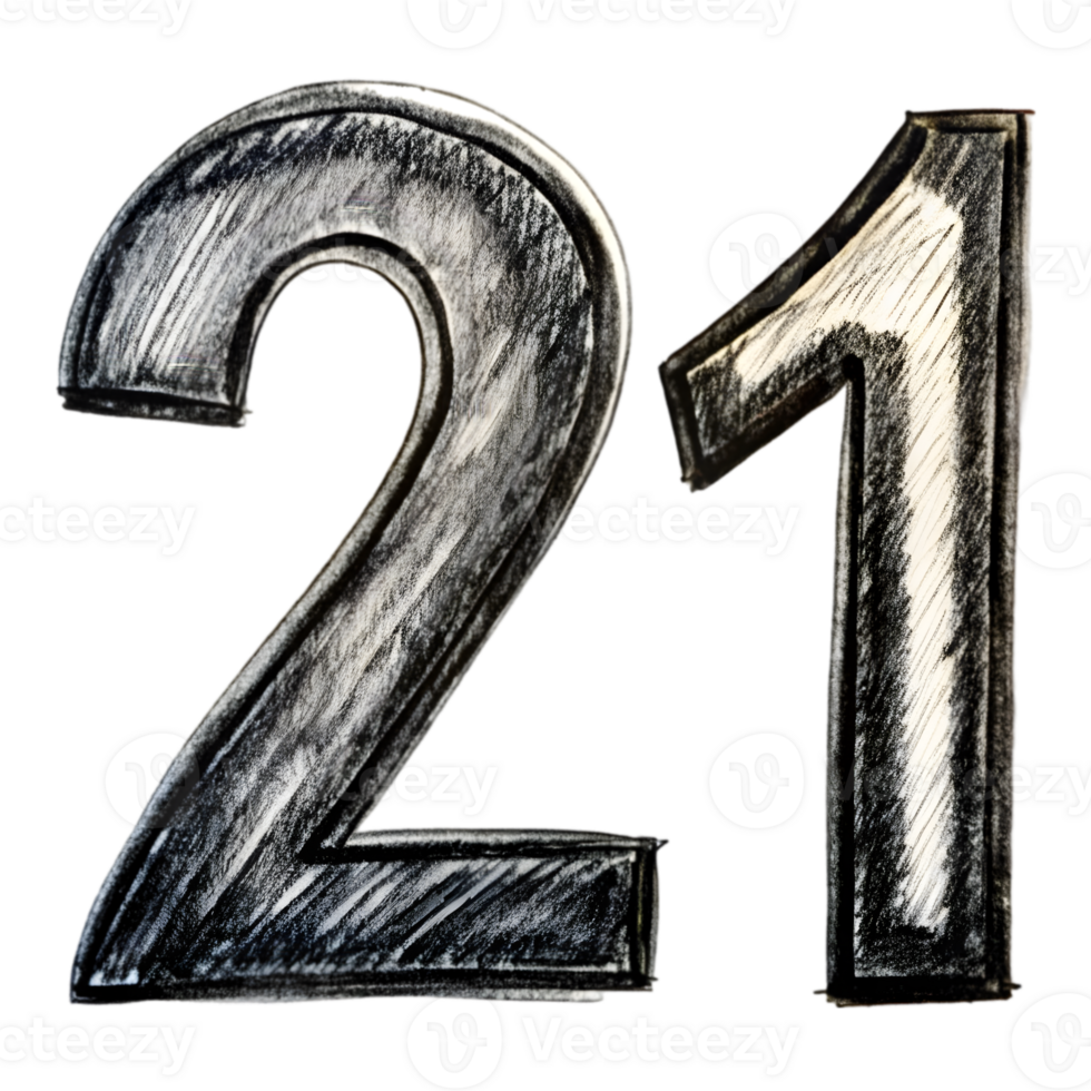 Hand-Drawn Grunge Number 21 - Black Marker Isolated on Transparent Background png
