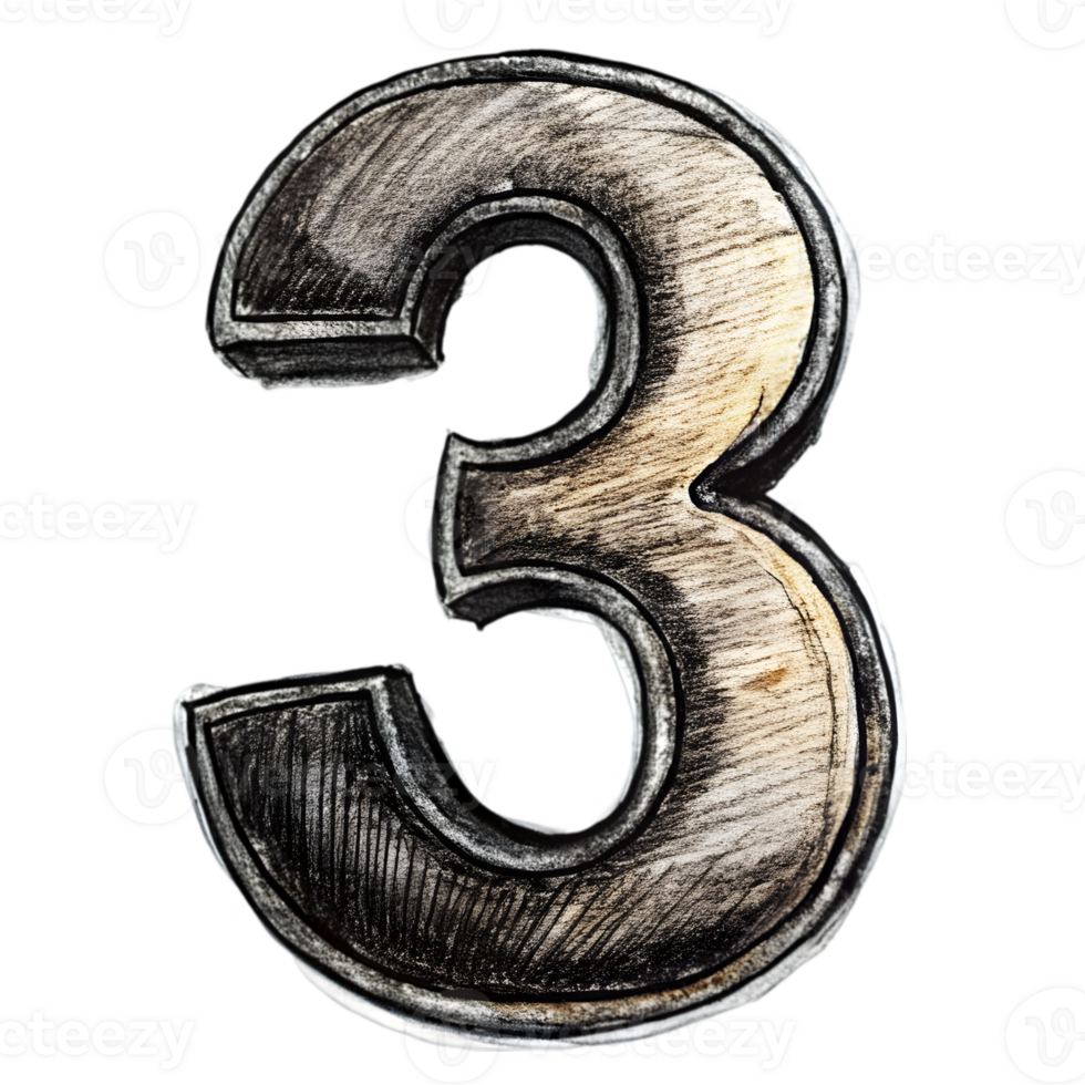 Hand-Drawn Grunge Number 3 - Black Marker Isolated on Transparent Background png