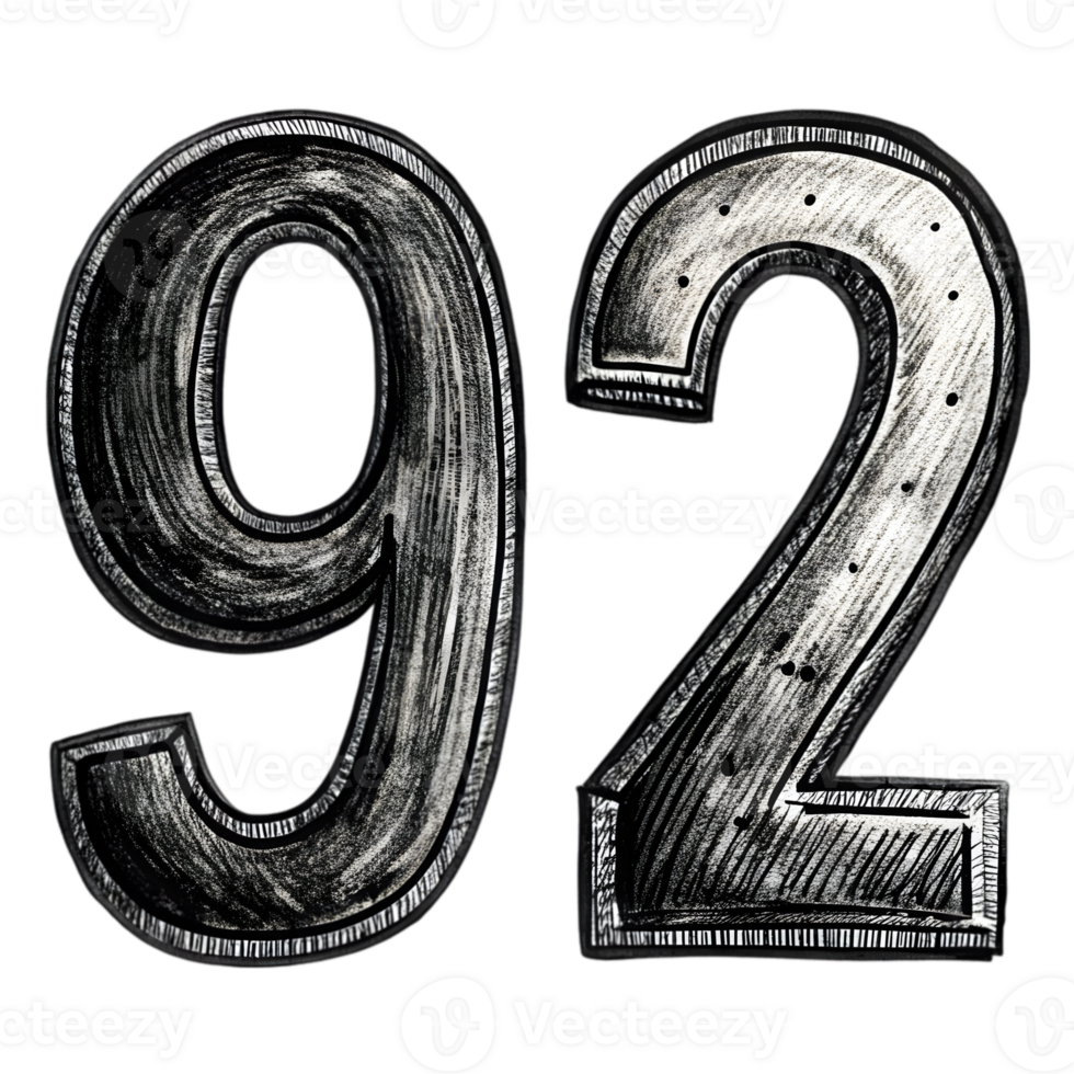 Hand-Drawn Grunge Number 92 - Black Marker Isolated on Transparent Background png