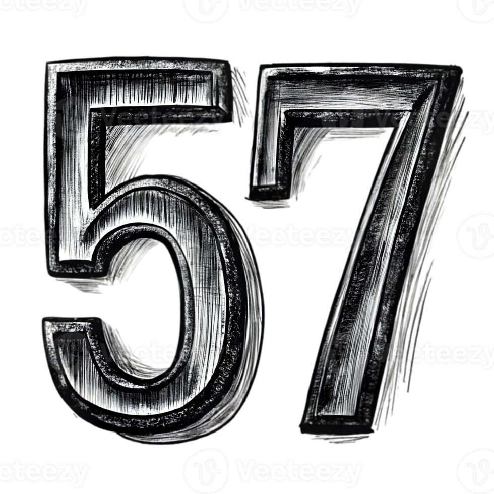 Hand-Drawn Grunge Number 57 - Black Marker Isolated on Transparent Background png