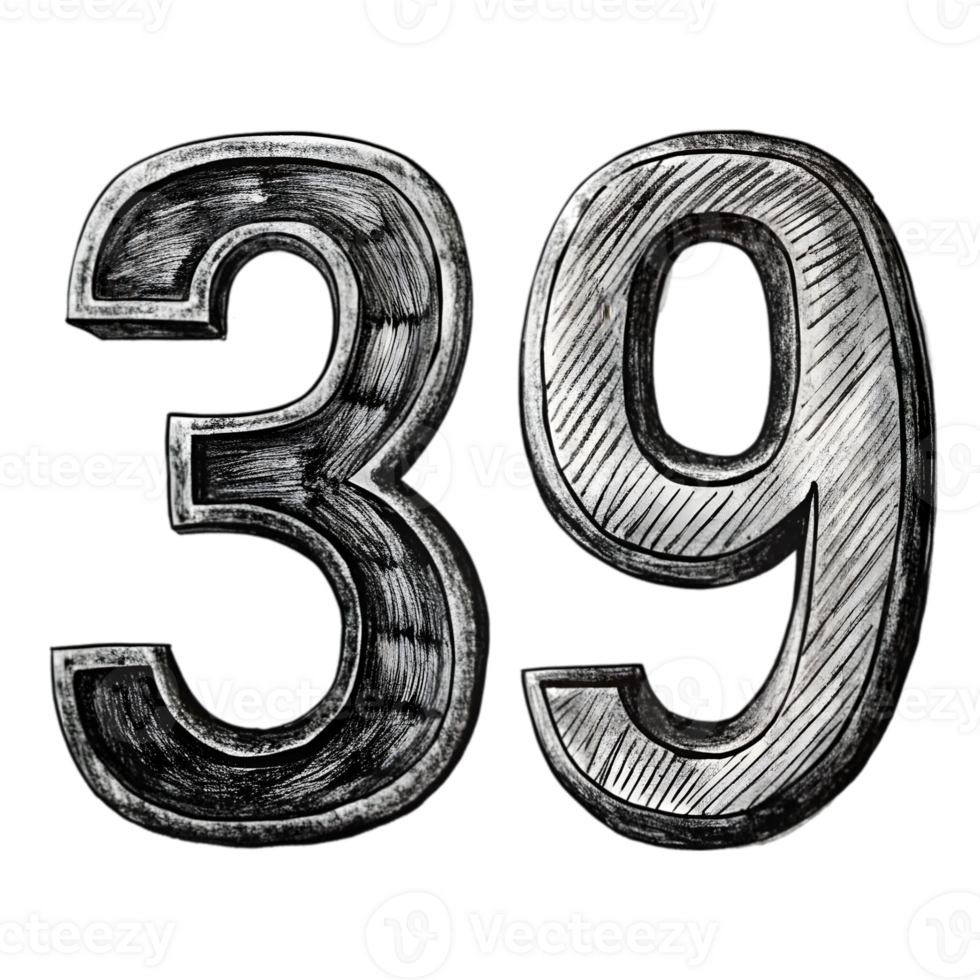 Hand-Drawn Grunge Number 39 - Black Marker Isolated on Transparent Background png