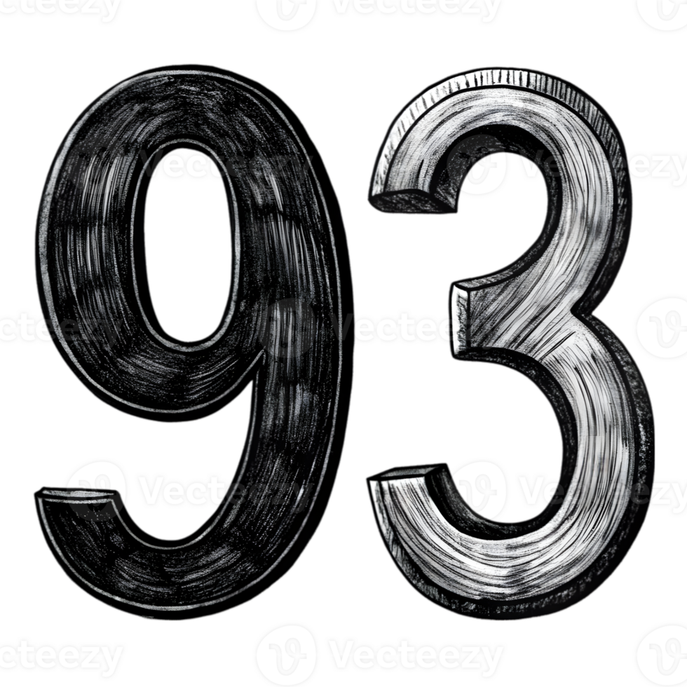 Hand-Drawn Grunge Number 93 - Black Marker Isolated on Transparent Background png