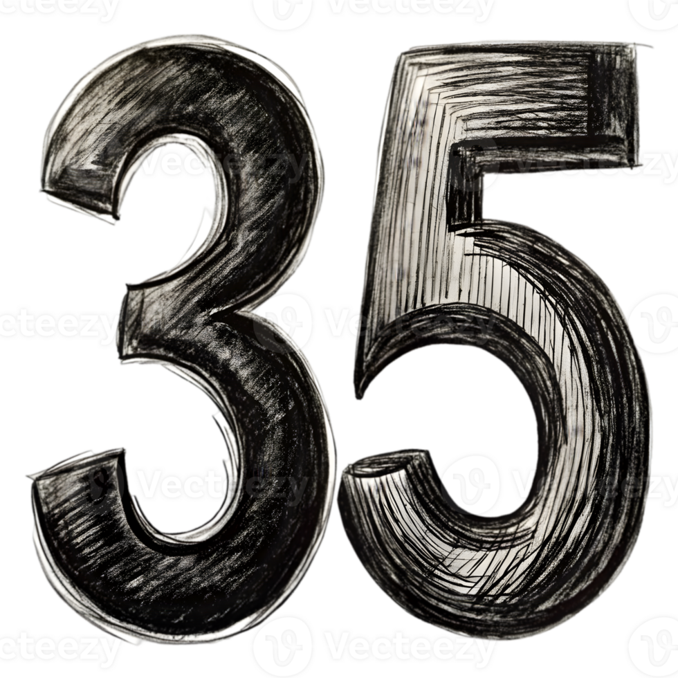 Hand-Drawn Grunge Number 35 - Black Marker Isolated on Transparent Background png