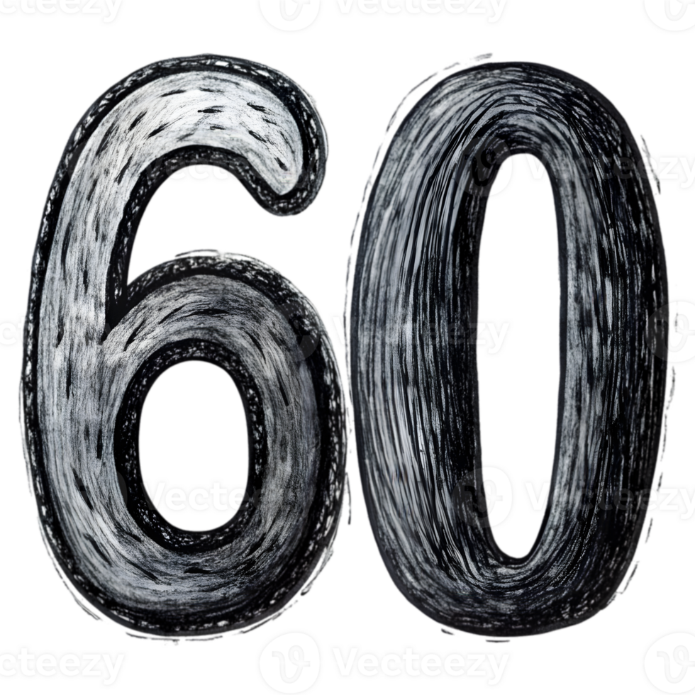 Hand-Drawn Grunge Number 60 - Black Marker Isolated on Transparent Background png