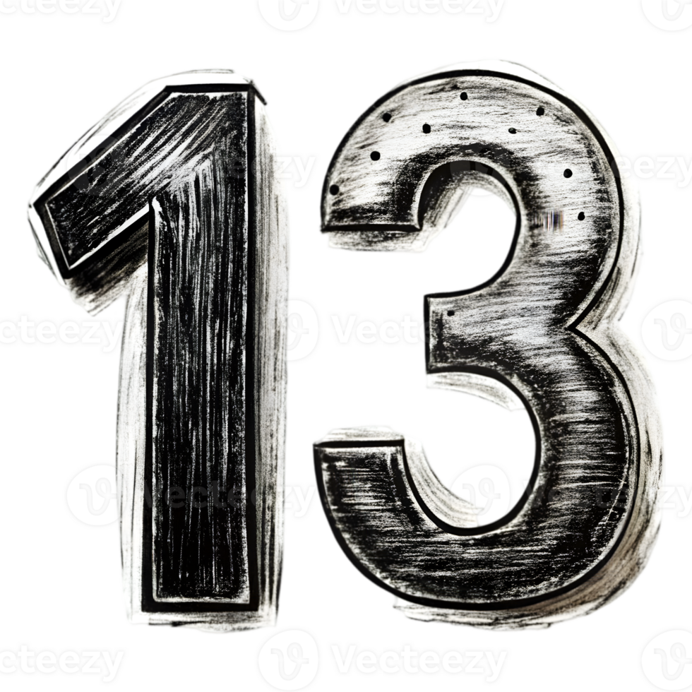 Hand-Drawn Grunge Number 13 - Black Marker Isolated on Transparent Background png