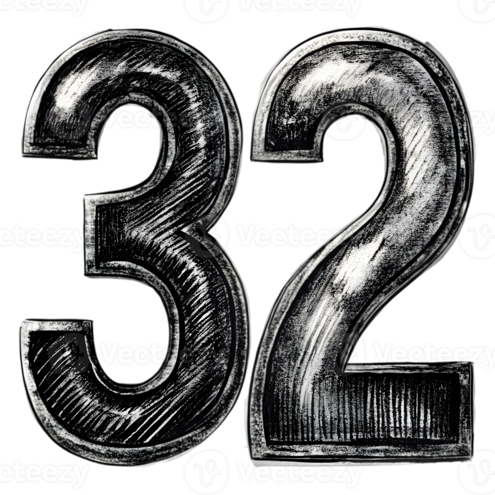 Hand-Drawn Grunge Number 32 - Black Marker Isolated on Transparent Background png