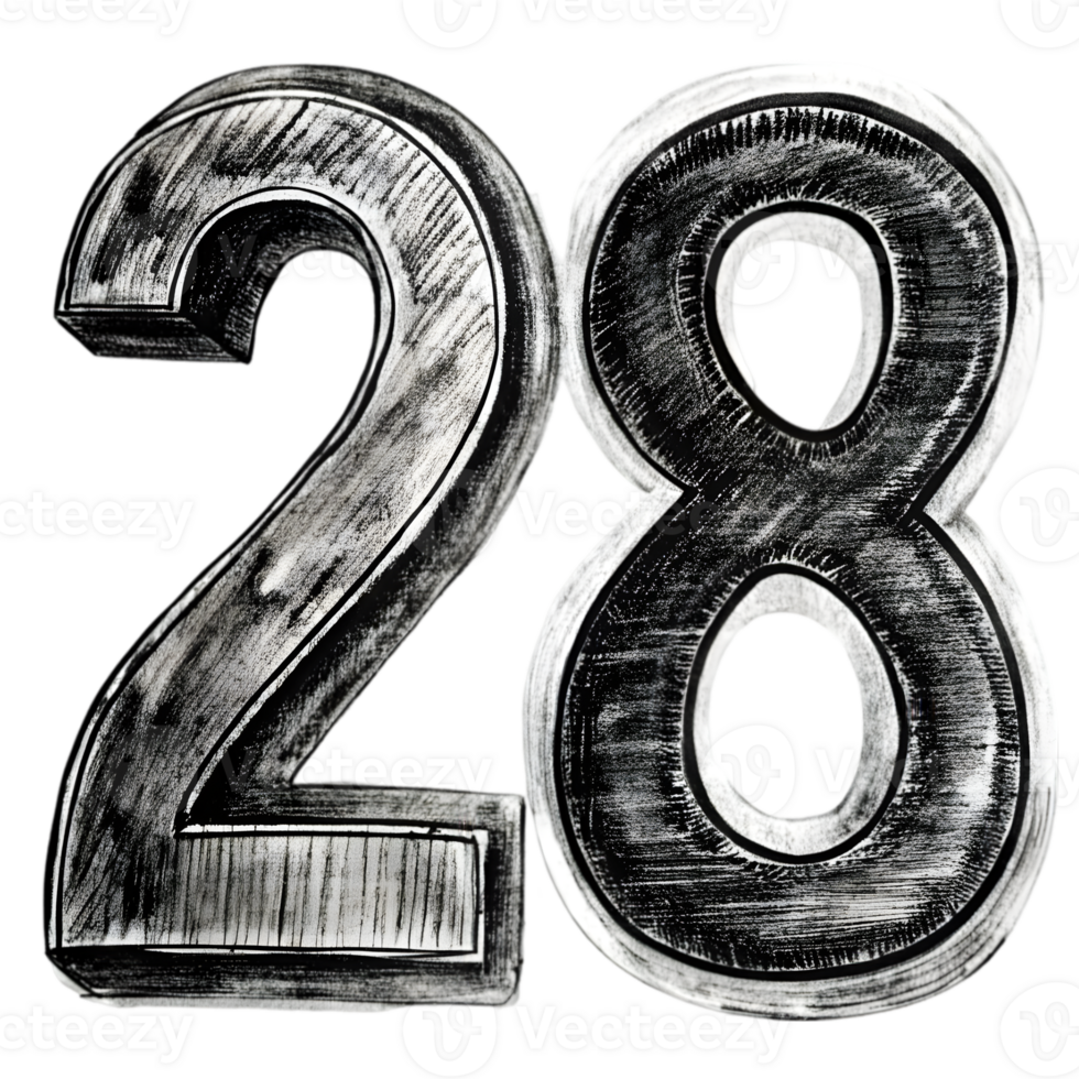 Hand-Drawn Grunge Number 28 - Black Marker Isolated on Transparent Background png