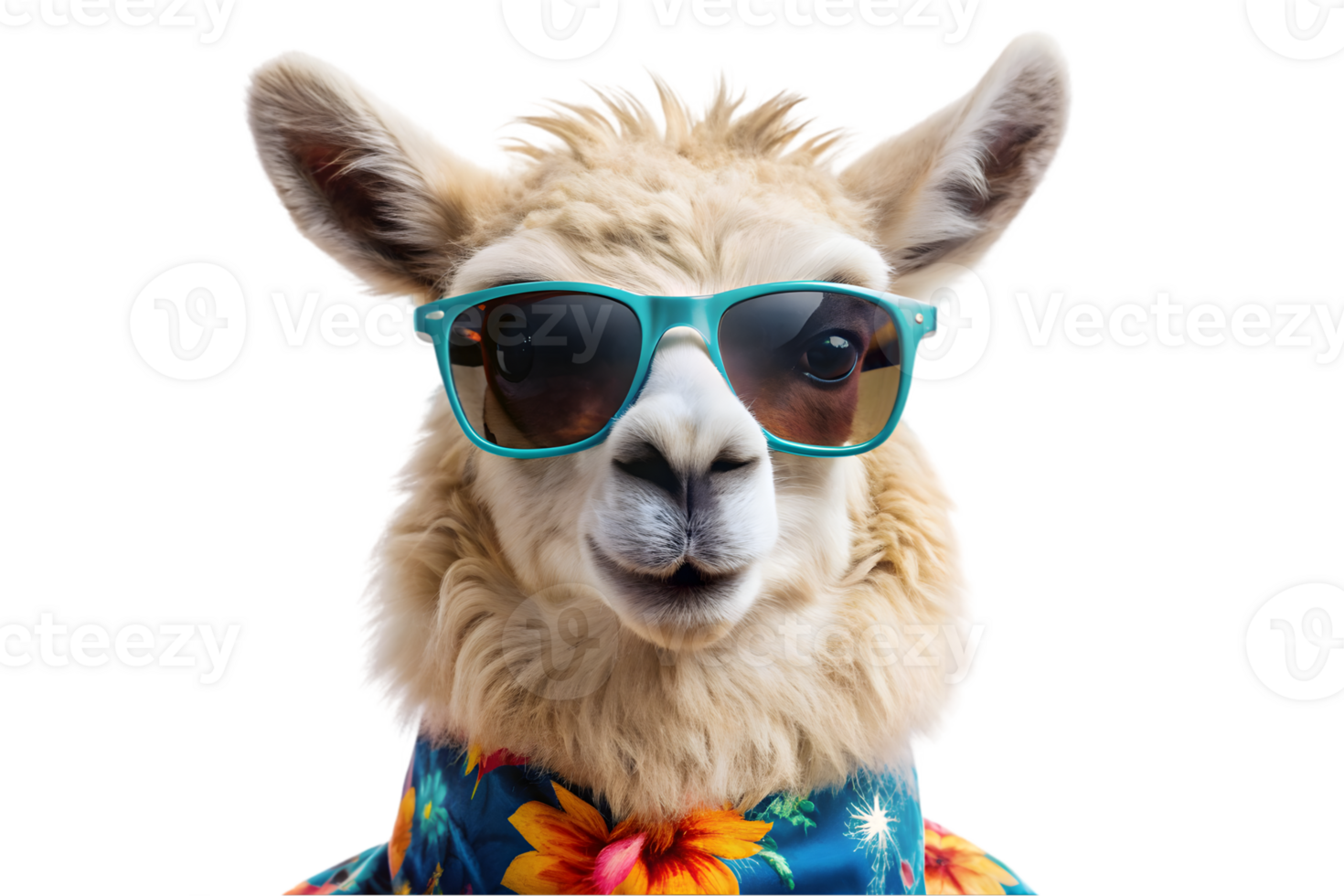 Happy Alpaca Wearing a Hawaiian Shirt and Sunglasses - Transparent Background png